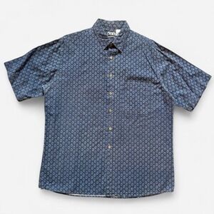 90s button up shirt blue‎ paisley Key Elements casual cotton vintage men's XL
